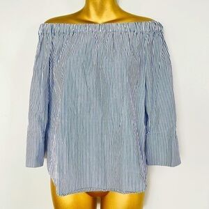 New Zara vertical stipe off the shoulder top blue white